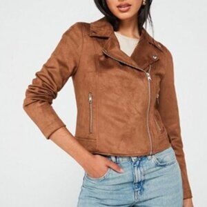 faux suede biker jacket cropped  burgundy brown Vero Moda sz medium